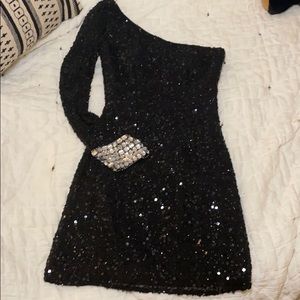 Short Black Beaded One Shoulder Formal Dress